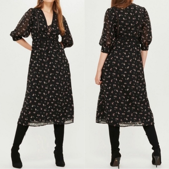 Topshop Dresses & Skirts - Topshop Black Floral Midi Dress Sheer Sleeves